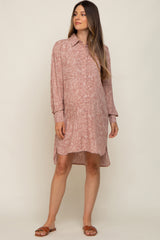 Mauve Floral Button Up Long Sleeve Maternity Dress