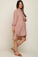 Mauve Floral Button Up Long Sleeve Maternity Dress