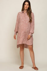 Mauve Floral Button Up Long Sleeve Maternity Dress