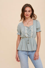 Sage Square Neck Embroidered Blouse