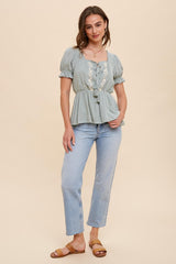 Sage Square Neck Embroidered Blouse