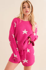 Hot Pink Soft Long Sleeve Star Print Top And Short Set