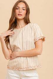 Oatmeal/Peach Mini Ruffle Linen Stripe Woven Top