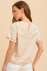 Oatmeal/Peach Mini Ruffle Linen Stripe Woven Top