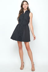 Black Button Down Mandarin Sleeveless Mini Dress