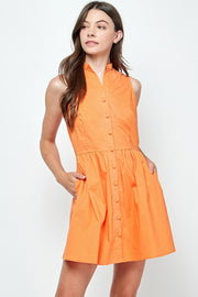 Orange Button Down Mandarin Sleeveless Mini Dress