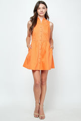 Orange Button Down Mandarin Sleeveless Mini Dress