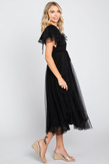 Black Tulle V-Neck Flutter Sleeve Midi Dress