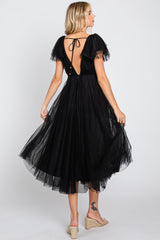 Black Tulle V-Neck Flutter Sleeve Midi Dress