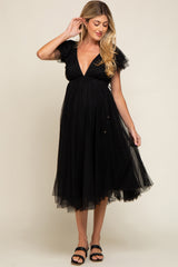 Black Tulle V-Neck Flutter Sleeve Maternity Midi Dress