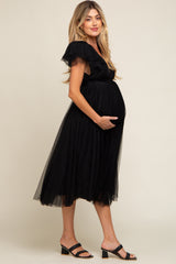 Black Tulle V-Neck Flutter Sleeve Maternity Midi Dress