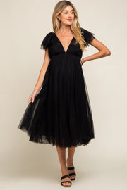 Black Tulle V-Neck Flutter Sleeve Maternity Midi Dress