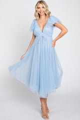 Light Blue Tulle V-Neck Flutter Sleeve Maternity Midi Dress