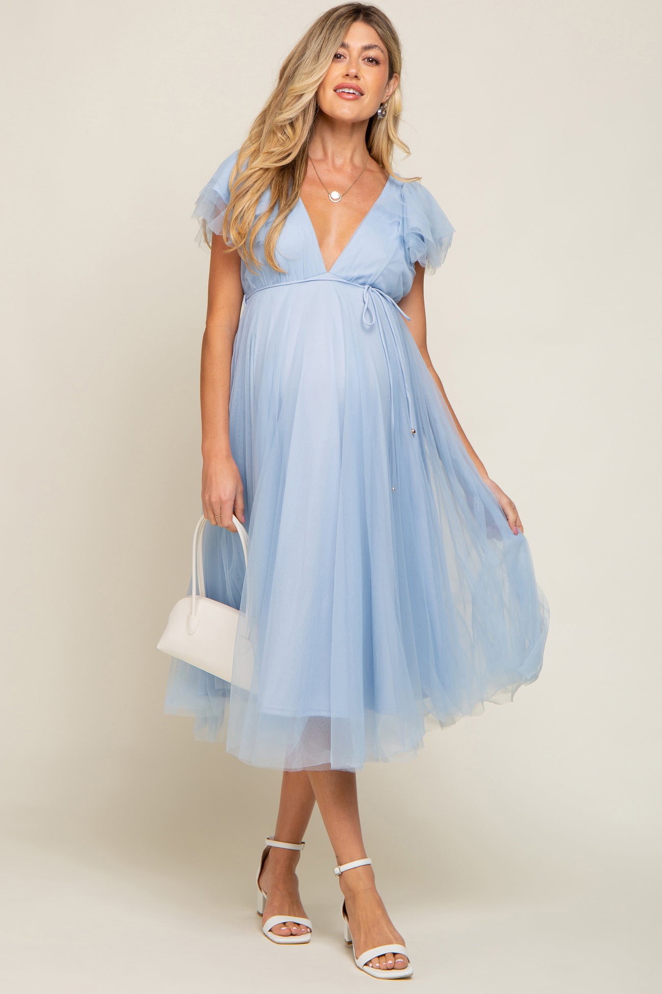 Light Blue Tulle V-Neck Flutter Sleeve Maternity Midi Dress