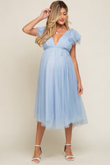 Light Blue Tulle V-Neck Flutter Sleeve Maternity Midi Dress