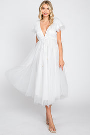 White Tulle V-Neck Flutter Sleeve Midi Dress