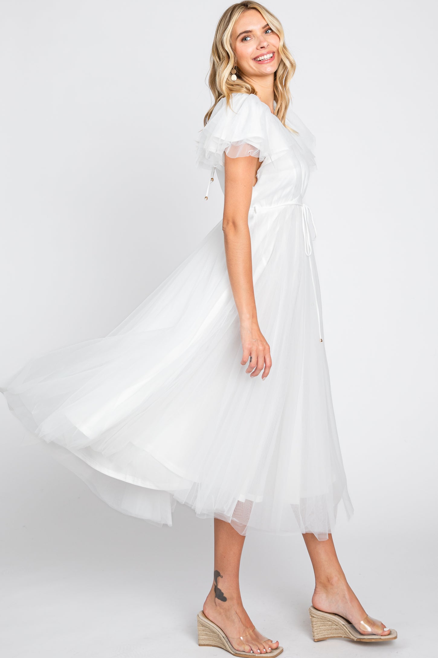 White Tulle V-Neck Flutter Sleeve Midi Dress– PinkBlush