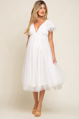 White Tulle V-Neck Flutter Sleeve Maternity Midi Dress