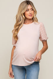 Light Pink Eyelet Lace Sleeve Maternity Top