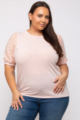 Light Pink Eyelet Lace Sleeve Plus Top