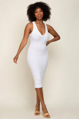 White Ribbed Knit Fitted V-Neck Maternity Midi Dress