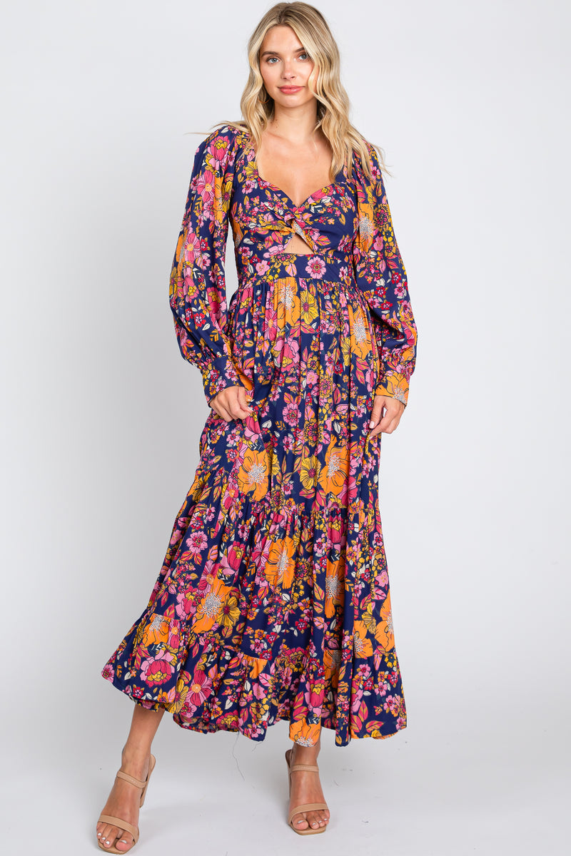 Navy Blue Floral Knot Front Twist Cutout Long Sleeve Maxi Dress – PinkBlush