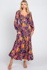 Navy Blue Floral Knot Front Twist Cutout Long Sleeve Maxi Dress