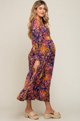 Navy Blue Floral Knot Front Twist Cutout Long Sleeve Maternity Maxi Dress