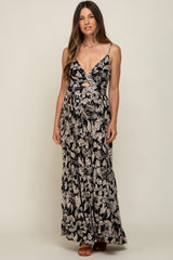 Black Palm Print Front Twist Maternity Maxi Dress