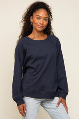 Navy Oversized Waffle Knit Long Sleeve Top