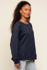 Navy Oversized Waffle Knit Long Sleeve Top