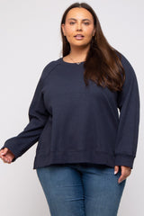 Navy Oversized Waffle Knit Plus Long Sleeve Top