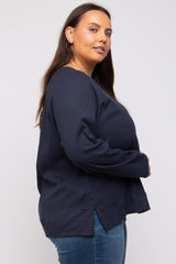 Navy Oversized Waffle Knit Plus Long Sleeve Top