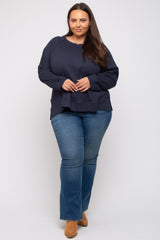 Navy Oversized Waffle Knit Plus Long Sleeve Top