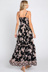 Black Floral Border Print Front Twist Maxi Dress