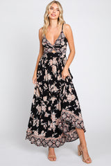 Black Floral Border Print Front Twist Maxi Dress