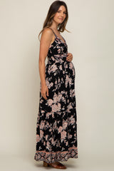 Black Floral Border Print Front Twist Maternity Maxi Dress