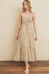 Cream Floral Cinched Top A-Line Maxi Dress