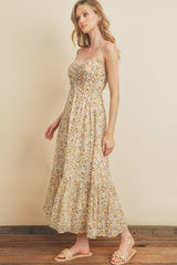 Cream Floral Cinched Top A-Line Maxi Dress