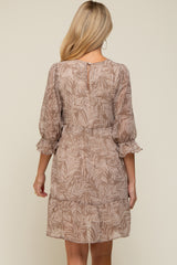 Mocha Leaf Print Chiffon 3/4 Sleeve Maternity Dress