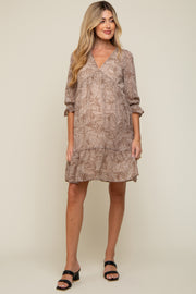 Mocha Leaf Print Chiffon 3/4 Sleeve Maternity Dress