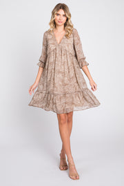 Mocha Leaf Print Chiffon 3/4 Sleeve Dress