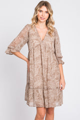 Mocha Leaf Print Chiffon 3/4 Sleeve Dress