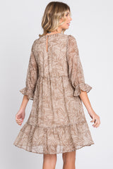 Mocha Leaf Print Chiffon 3/4 Sleeve Dress