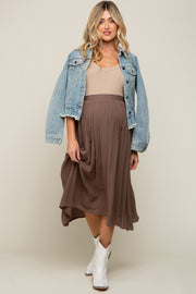 Brown Pleated Maternity Midi Skirt