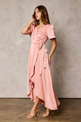 Blush Satin Tulip Hem Wrap Dress