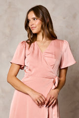 Blush Satin Tulip Hem Wrap Dress