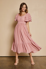 Blush Sweetheart Neck Tiered Sleeve Dress