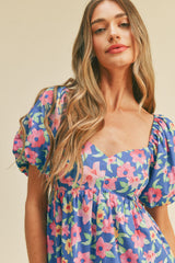 Blue Pink Floral Floral Puff Sleeve Babydoll Mini Dress