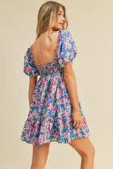 Blue Pink Floral Floral Puff Sleeve Babydoll Mini Dress